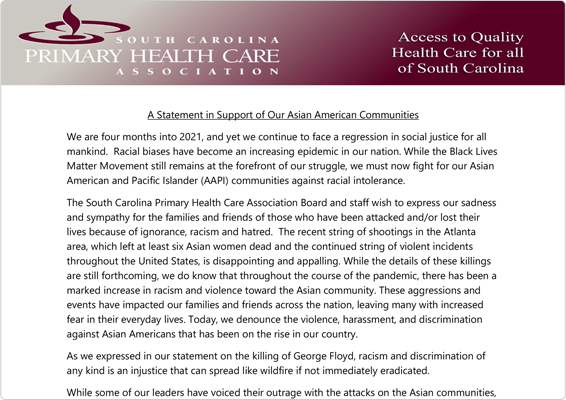 Read more about the article HCPSC stands with our South Carolina Primary Care Association in support of our Asian American Communities